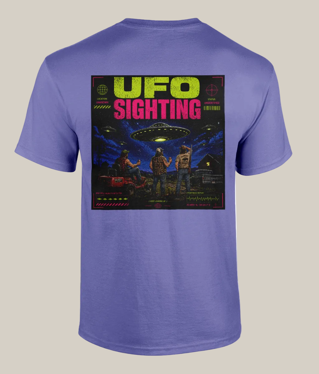Purple t-shirt with a UFO sighting graphic on the back
