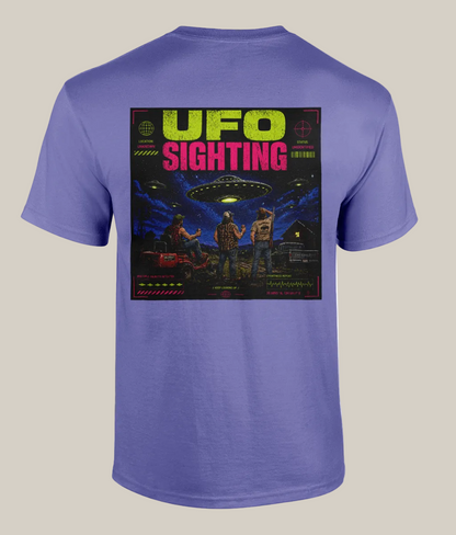 Purple t-shirt with a UFO sighting graphic on the back