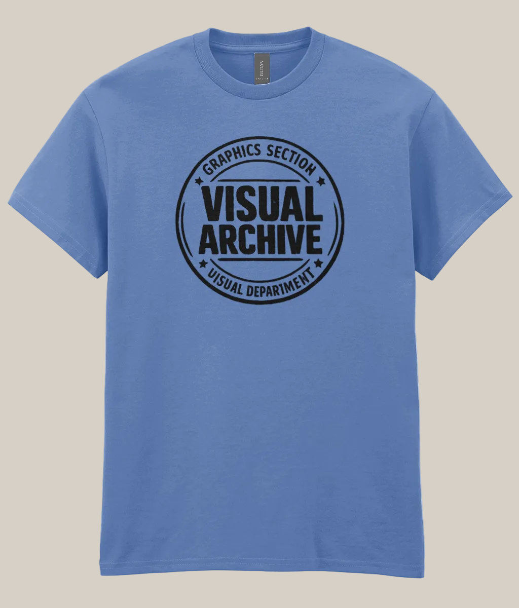 Blue t-shirt with 'Visual Archive' graphic on a white background