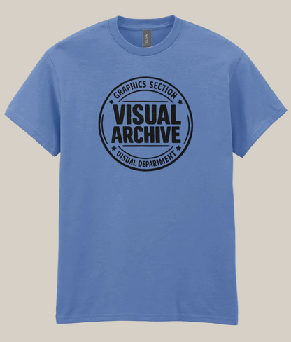 Blue t-shirt with 'Visual Archive' graphic on a white background