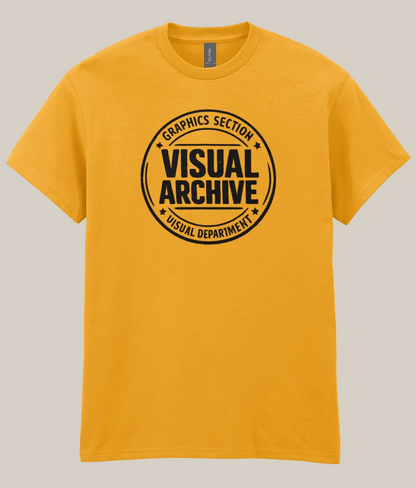 Yellow t-shirt with 'Visual Archive' graphic on a white background