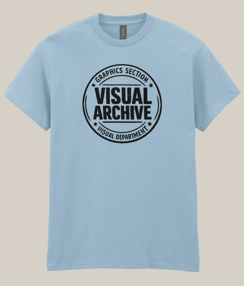 Light blue t-shirt with 'Visual Archive' graphic on a white background