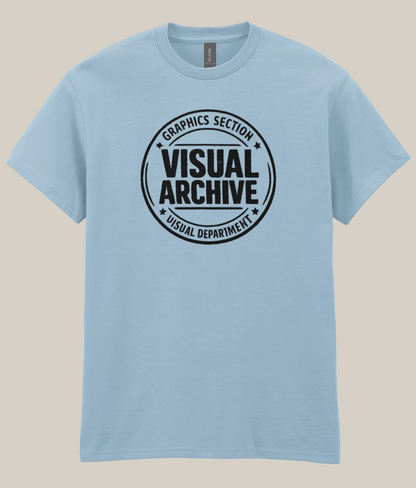 Light blue t-shirt with 'Visual Archive' graphic on a white background