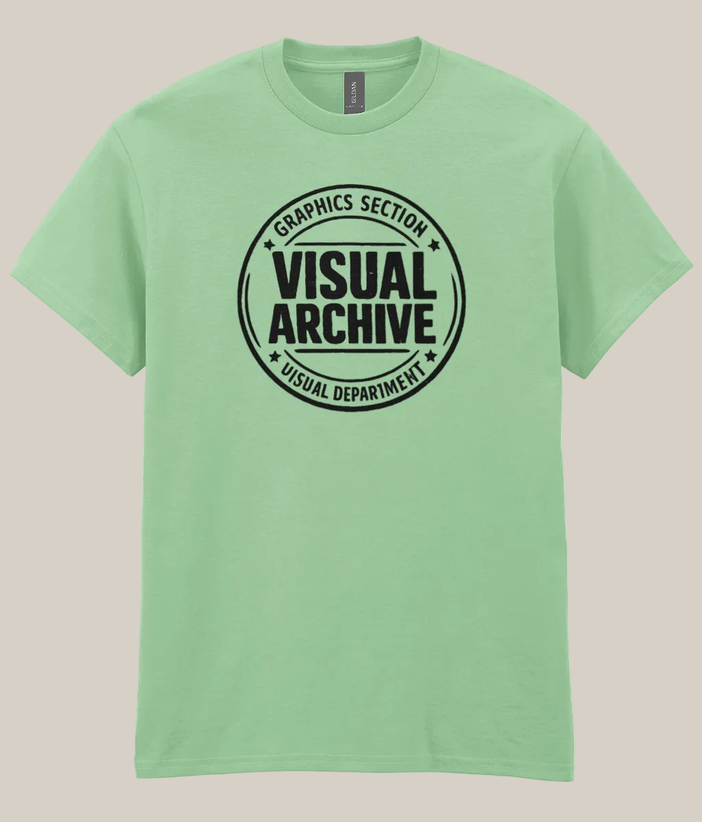 Light green t-shirt with 'Visual Archive' graphic on a white background