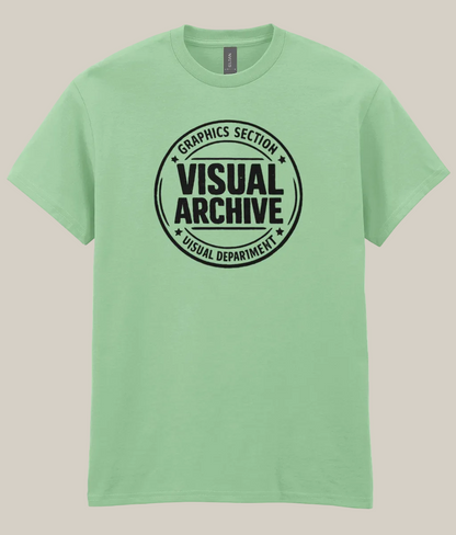 Light green t-shirt with 'Visual Archive' graphic on a white background