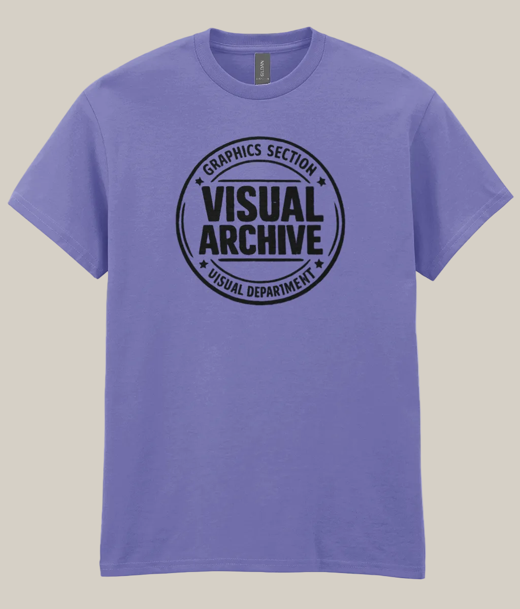 Purple t-shirt with 'Visual Archive' graphic on a white background