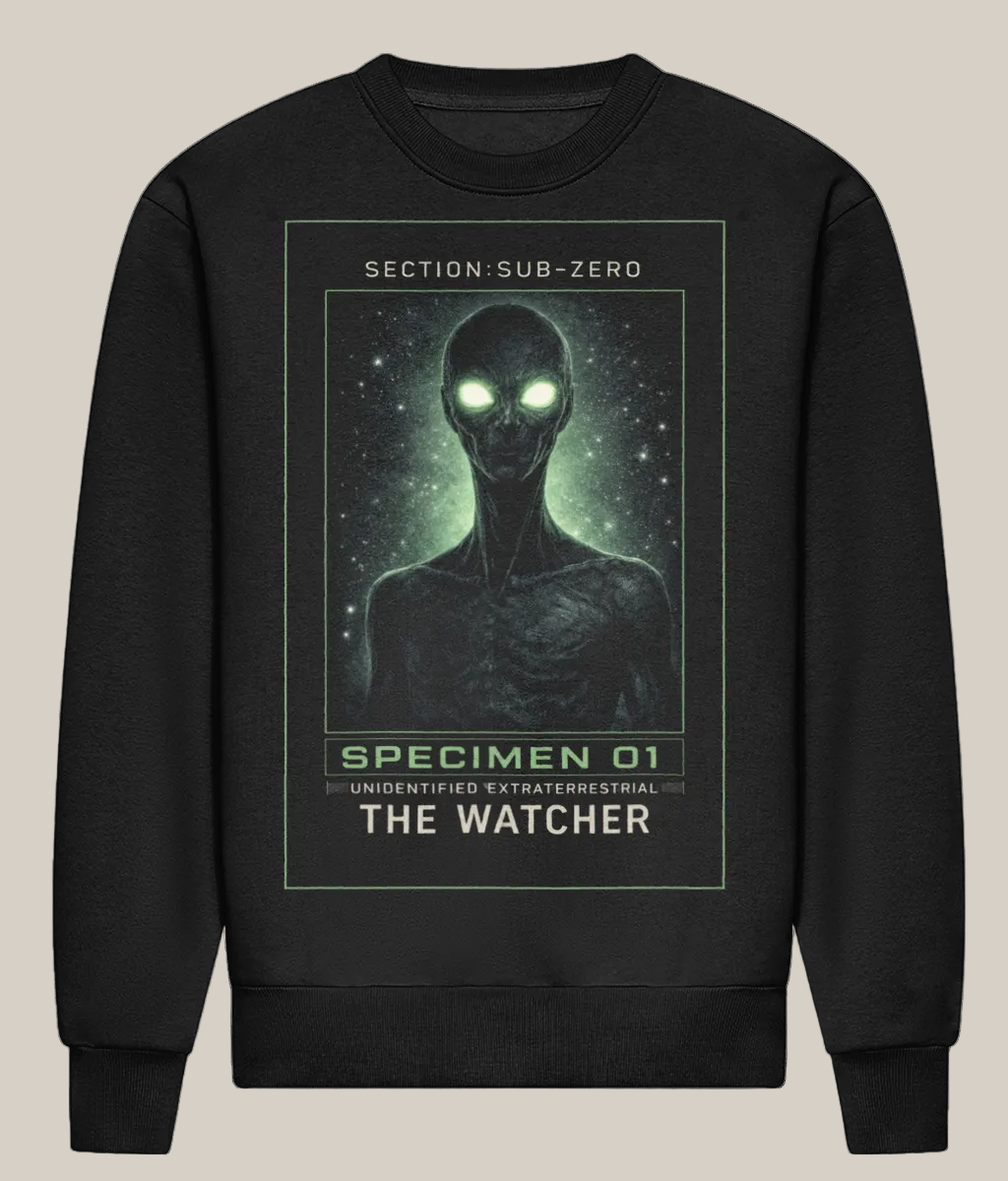Black sweatshirt with alien graphic and text 'The Watcher' on a white background