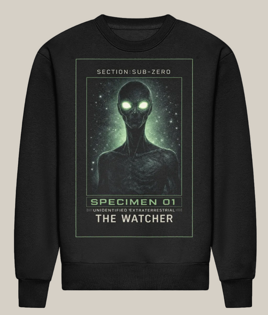 Black sweatshirt with alien graphic and text 'The Watcher' on a white background