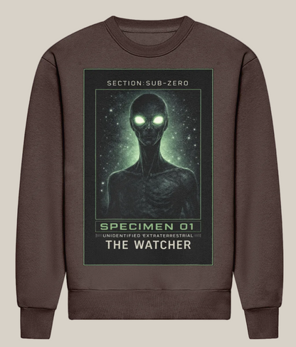 Brown sweatshirt with alien graphic and text on a white background
