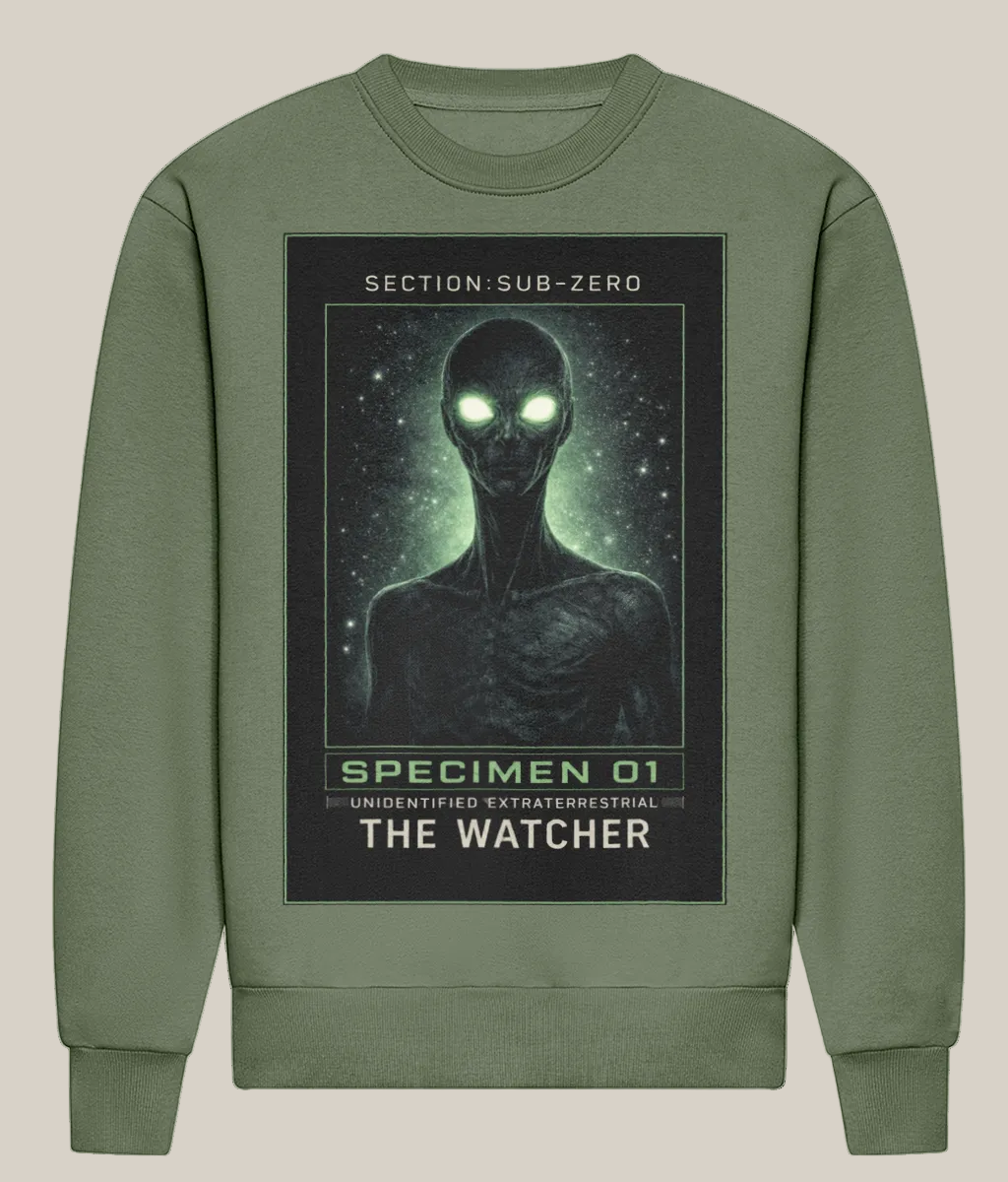 Green sweatshirt with alien graphic and text on a white background