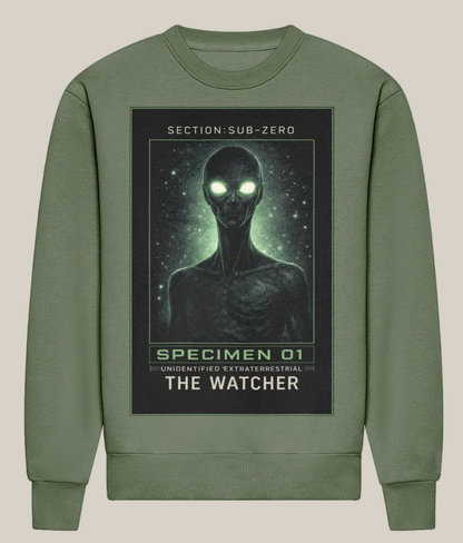 Green sweatshirt with alien graphic and text on a white background