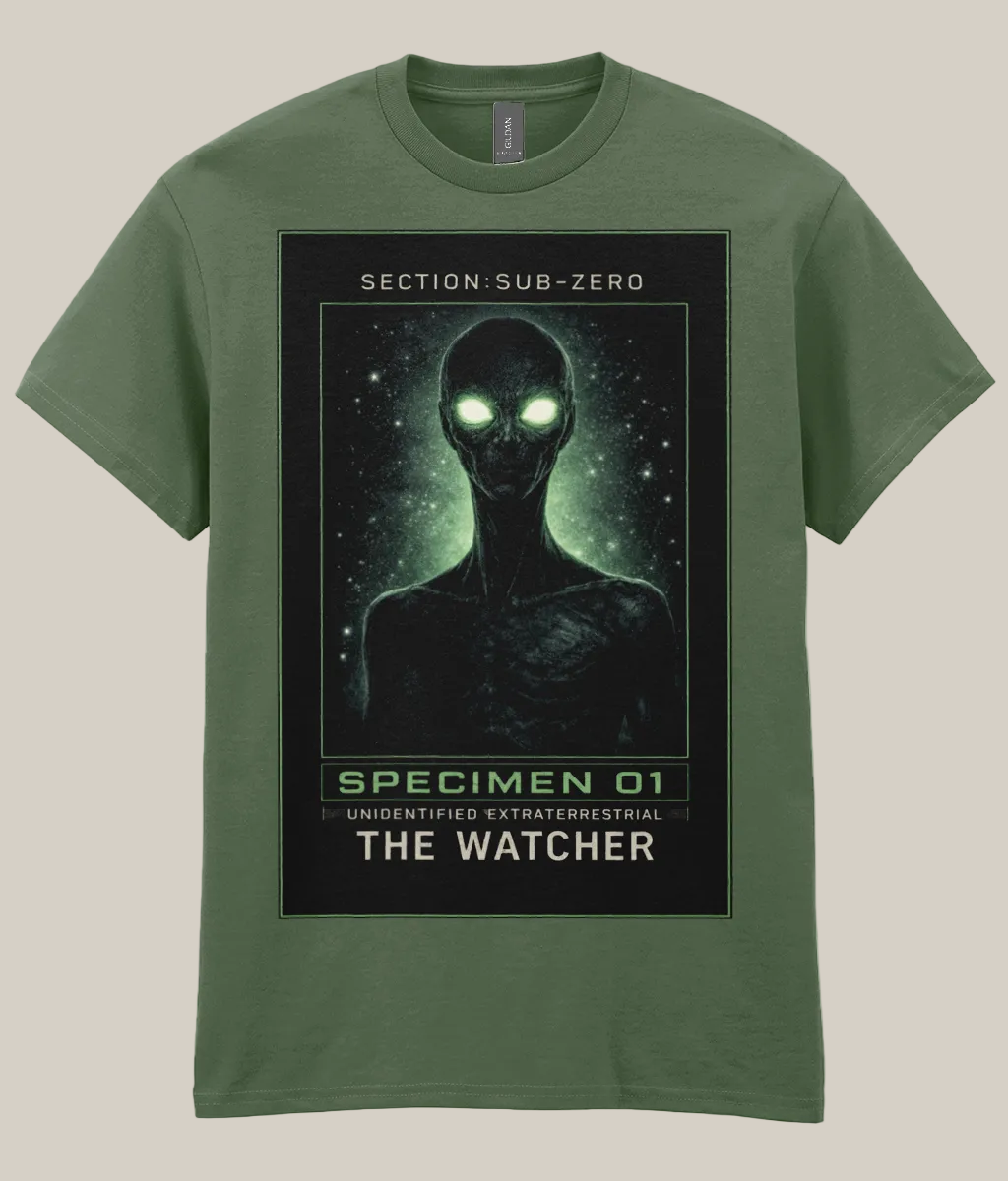 Green t-shirt with alien graphic and text on a white background