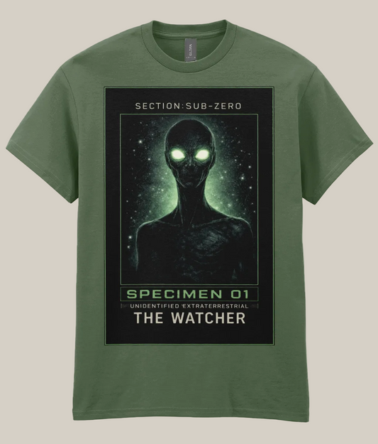 Green t-shirt with alien graphic and text on a white background