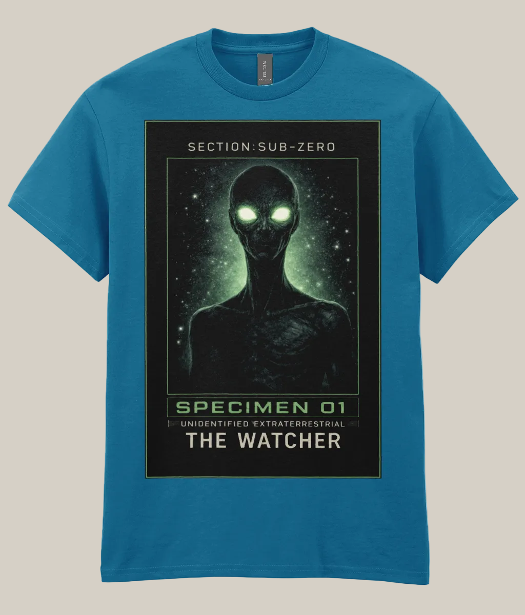 Blue t-shirt with alien graphic and text on a white background