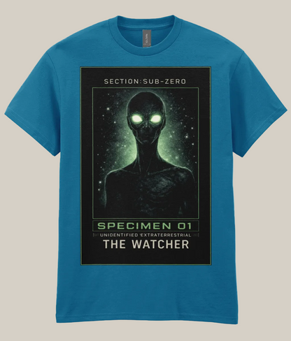 Blue t-shirt with alien graphic and text on a white background
