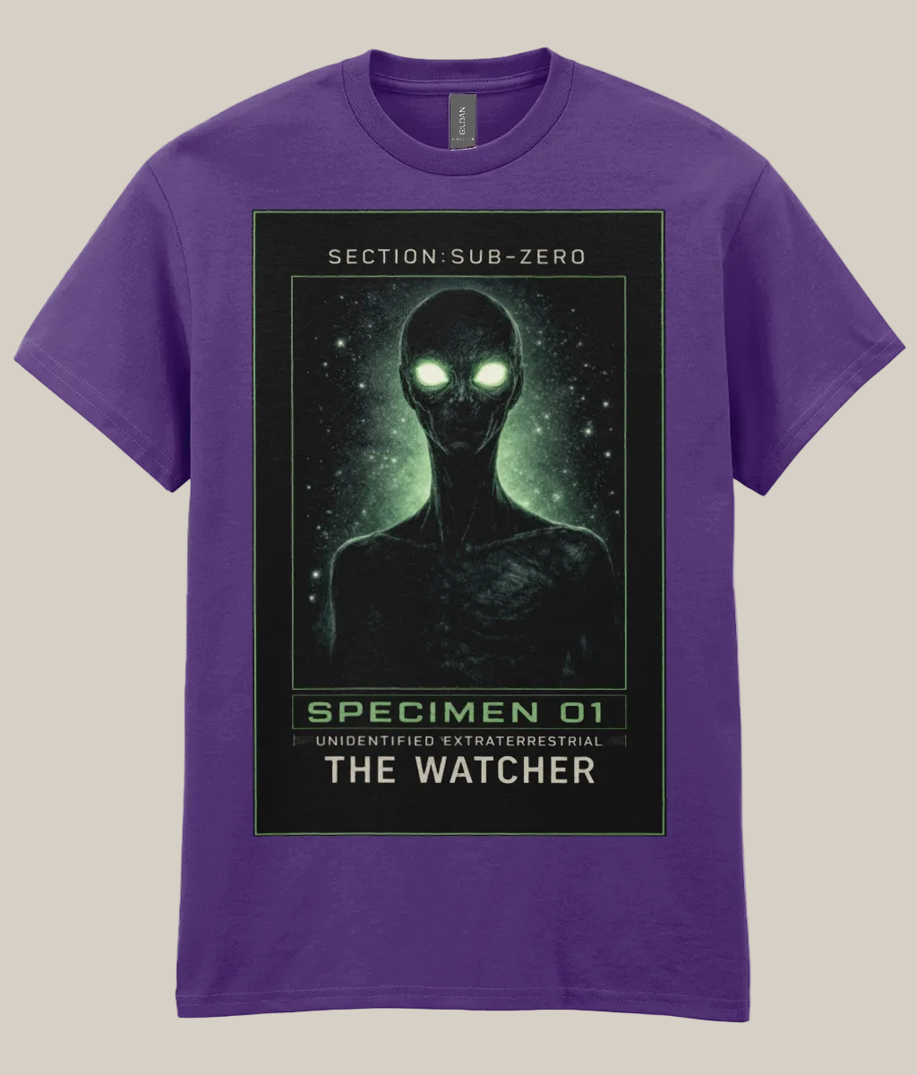 Purple t-shirt with alien design and text on a white background