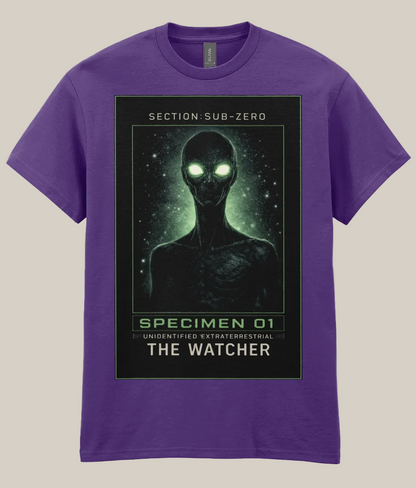 Purple t-shirt with alien design and text on a white background