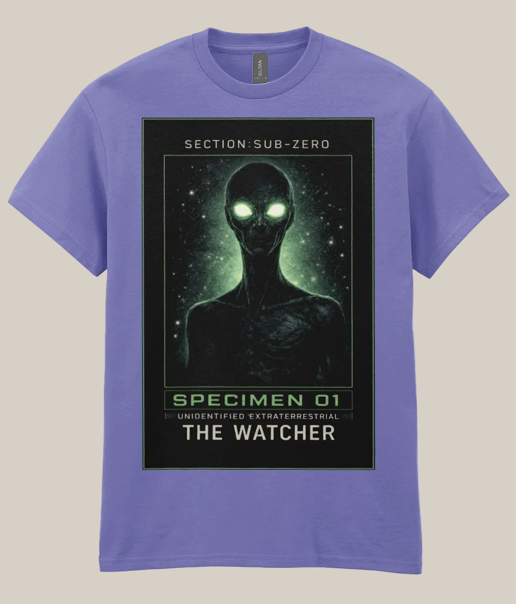 Purple t-shirt with an alien design and text on a white background