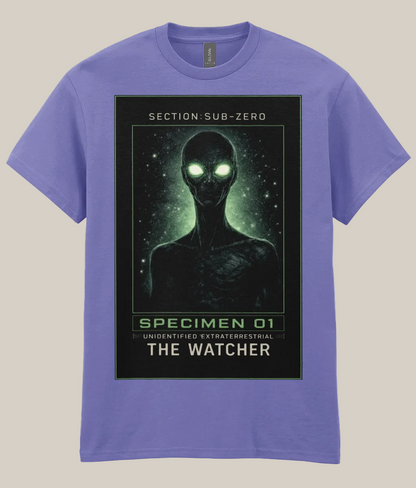 Purple t-shirt with an alien design and text on a white background